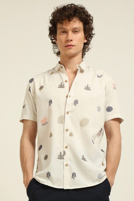 All-Over Embroidered Beige Half Sleeve Casual Shirt