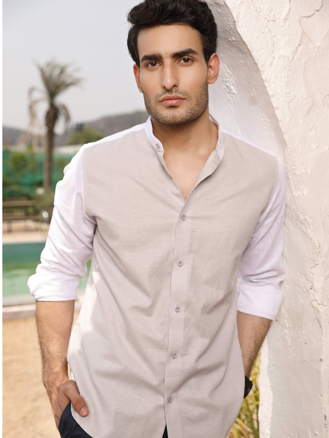 122.jpg Grey and White Linen Cotton Sophisticated Casual Shirt - Image 1