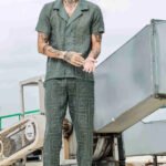 Olive Linen Blend Embroidered Notched Lapel Shirt and All Day Pants Co-ord Set