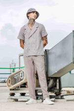 Beige Linen Embroidered Notched Lapel Korean Shirt & Solid Linen All Day Pants Co-ord Set