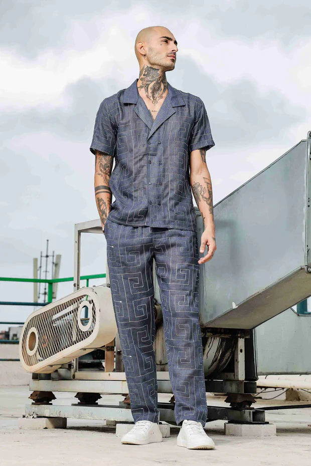 1L9A5882_11zon.jpg Blue Linen Embroidered Notched Lapel Korean Shirt & All Day Lounge Pants Co-ord Set - Image 1