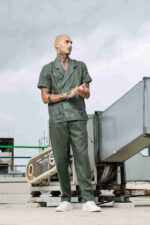 Olive Notched Lapel Linen Embroidered Shirt & Solid Linen All Day Pants Co-ord Set