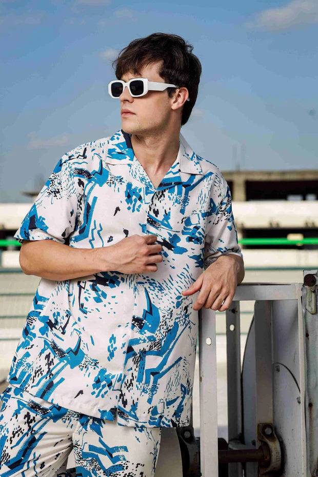 1L9A8989_11zon_1_84431840-5c11-43e3-9601-c23e7280ddda.jpg Off White Relaxed Fit Cuban Collar Shirt & All Day Pants Abstract Printed Co-ord Set - Image 1