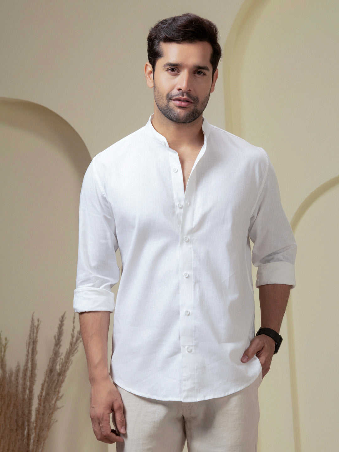 1_2_88441da7-3315-459b-8ec9-e998b18251b9.jpg Crystal White Linen Blend Band Collar Contemporary Casual Shirt - Image 1