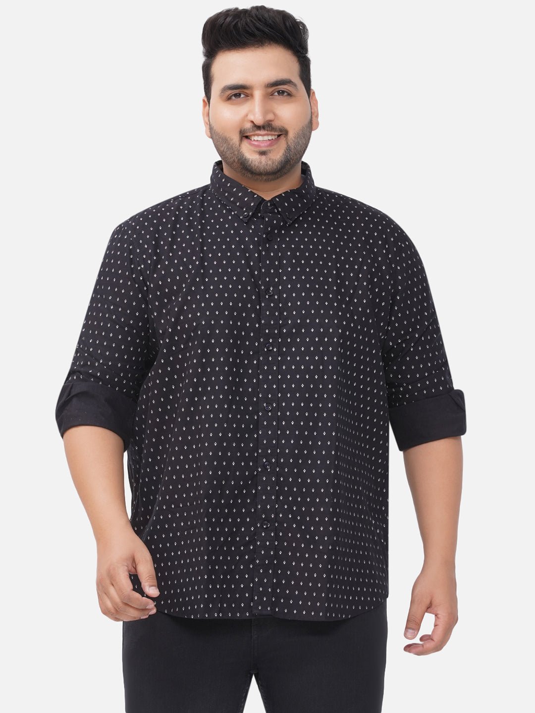 1_9f097143-bdd3-4ebb-ac09-b6b83f93c714.jpg Plus Size Men Comfort Fit Black Printed Pure Cotton Shirt - Image 1