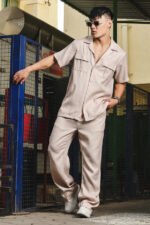 Champagne Beige Linen Casual Relaxed Fit Short Sleeve Shirt & Gurkha Pants Co-Ord Set