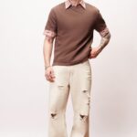 Soft Wash Ecru Distressed Oversized Straight Jeans for Men