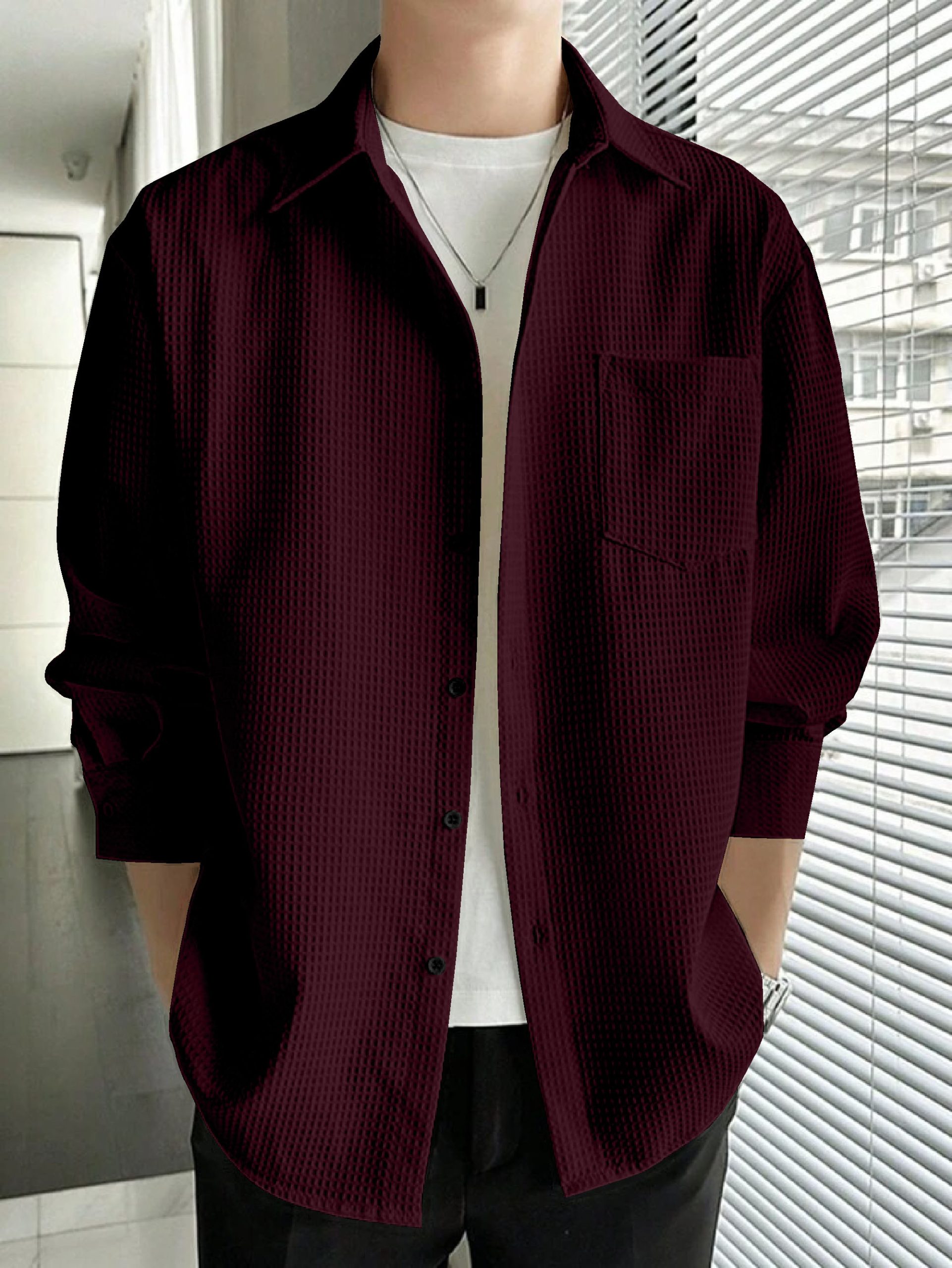 36-1-scaled-1.jpg Full Sleeve Imported Waffle Men’s Maroon Shirt - Image 1