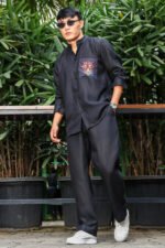 Black Linen Blend Casual Relaxed Fit Mandarin Collar Shirt & All Day Pants Co-Ord Set - Image 2
