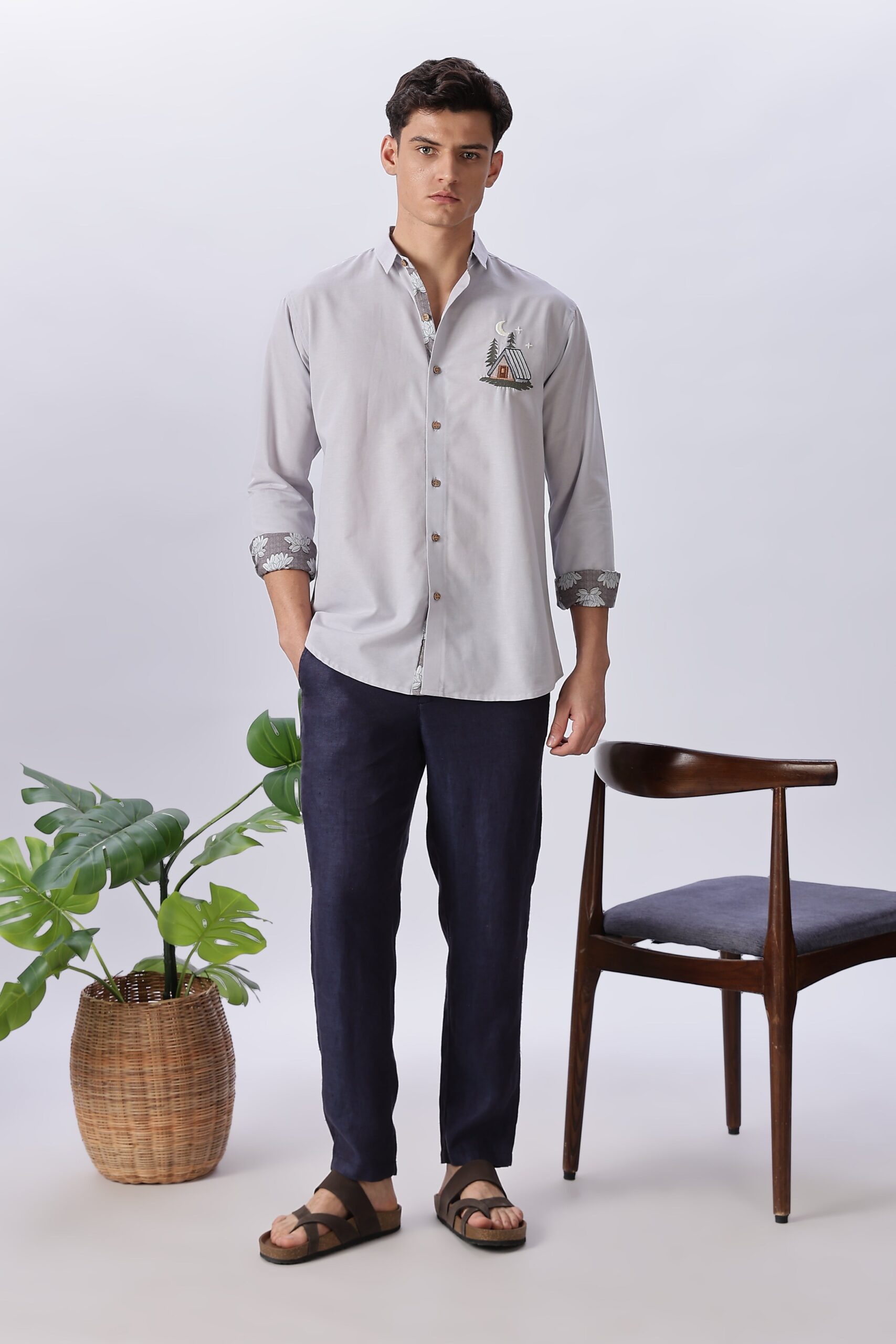 BD0A6981-scaled-1.jpg Moonlit Cabin Grey Cotton Regular Fit Embroidered Shirt - Image 1