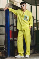 Lime Green Linen Blend Casual Relaxed Fit Mandarin Collar Shirt & All Day Pants Co-Ord Set - Image 2