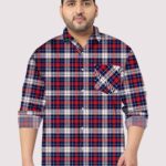 Blue Seamless Check Pattern Men Plus Size Cotton Shirt
