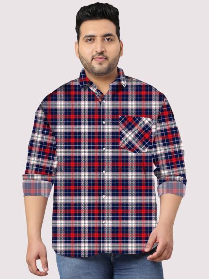 Blue Seamless Check Pattern Men Plus Size Cotton Shirt
