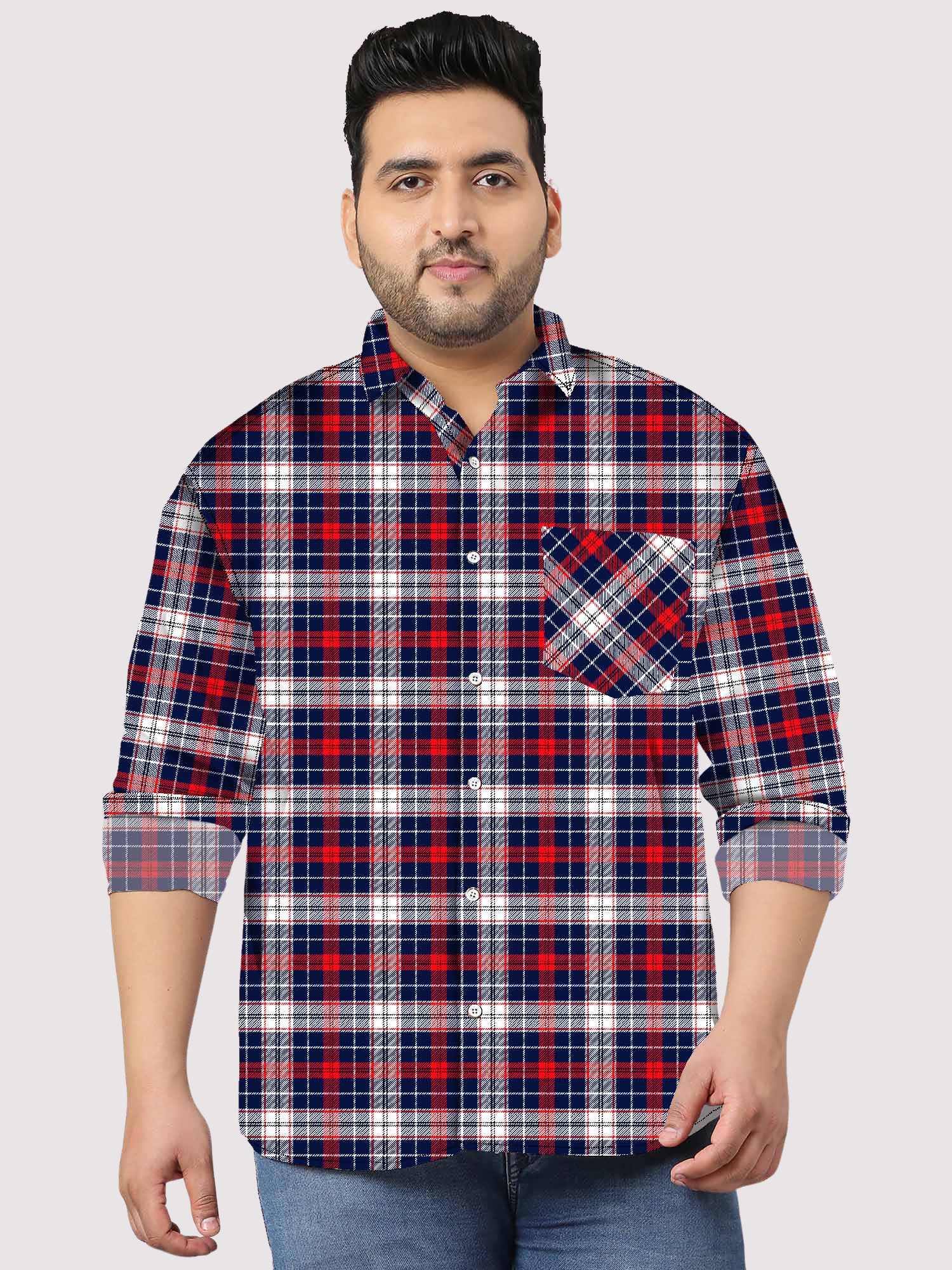 Blue Seamless Check Pattern Men Plus Size Cotton Shirt - Image 1