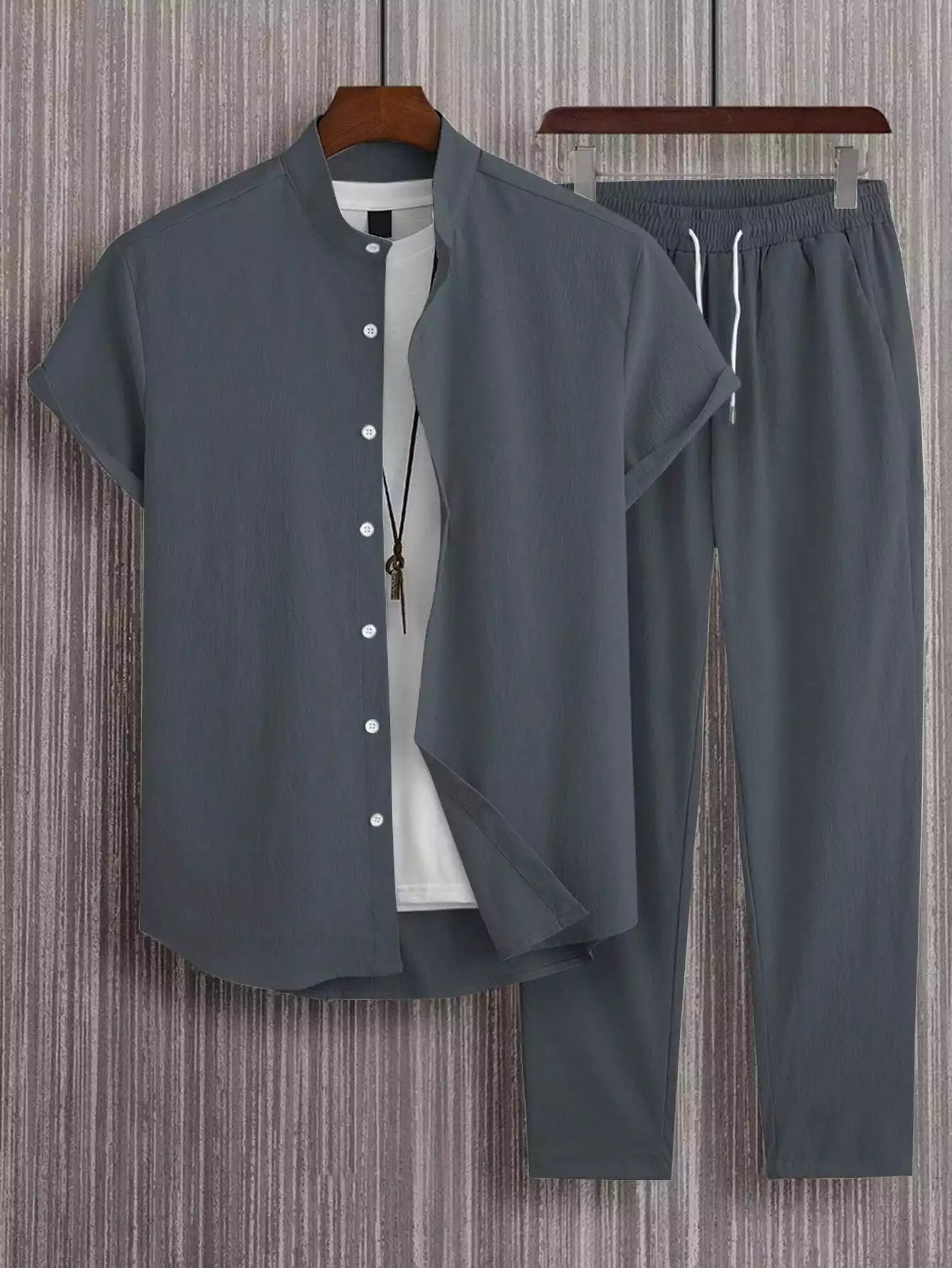 CLASSY_PLAIN_GREY_1.jpg Plain Grey Mens Full Set Trouser And Shirt Half Sleeves - Image 1