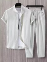 Plain Light Grey Mens Full Set Trouser And Shirt Half Sleeves