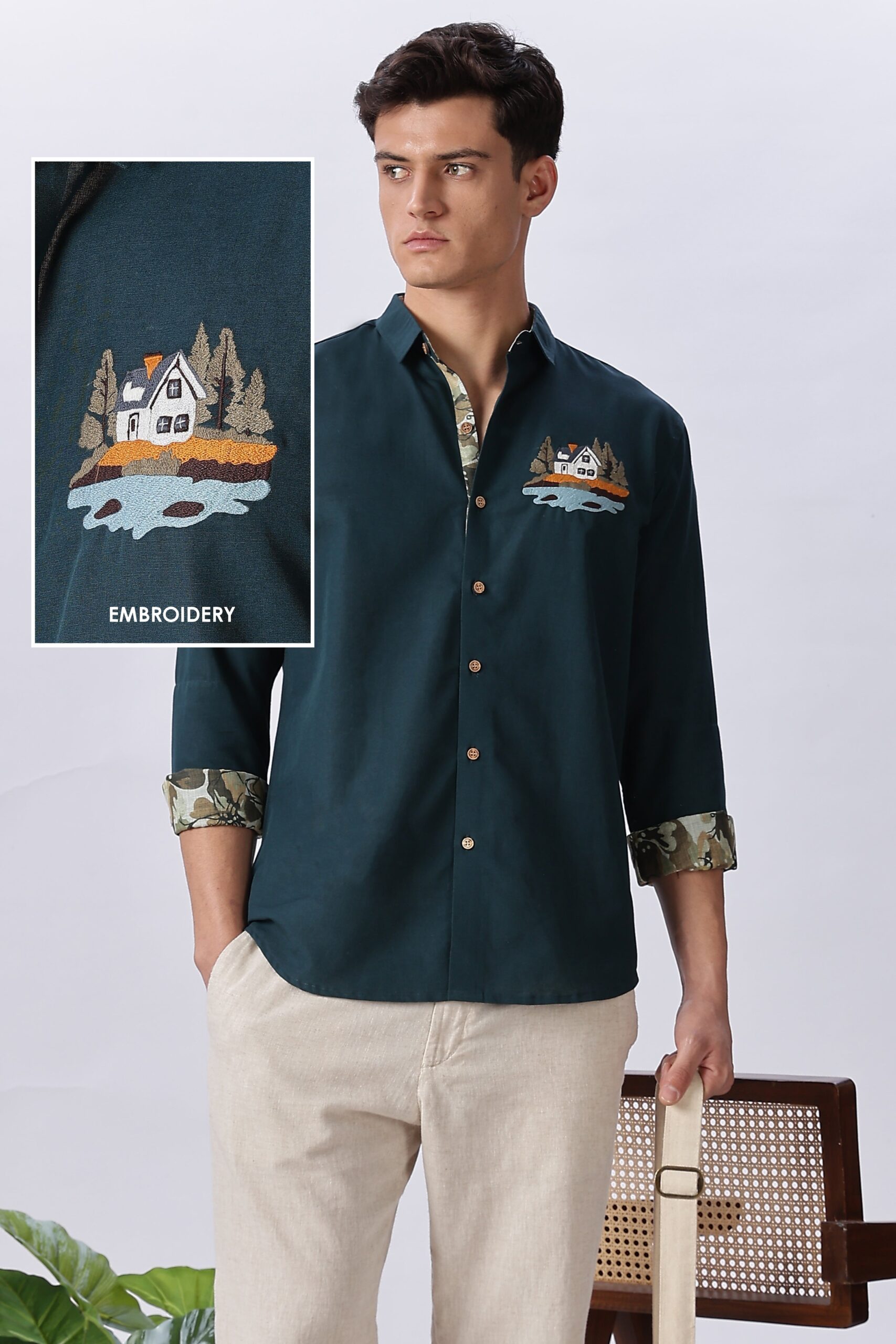 CSP0239-0-scaled-1.jpg Lakeside Forest Cabin Blue Cotton Scenic Embroidered Shirt - Image 1