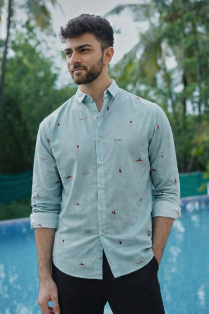 Aqua Beach Motif Sky Blue Embroidered Summer Shirt