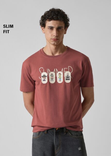 Dusty Rose Printed Slim Fit Cotton T Shirt