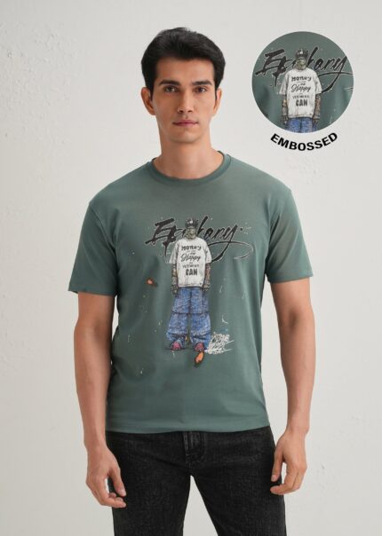Green Textured Embossed Print Cotton T Shirt