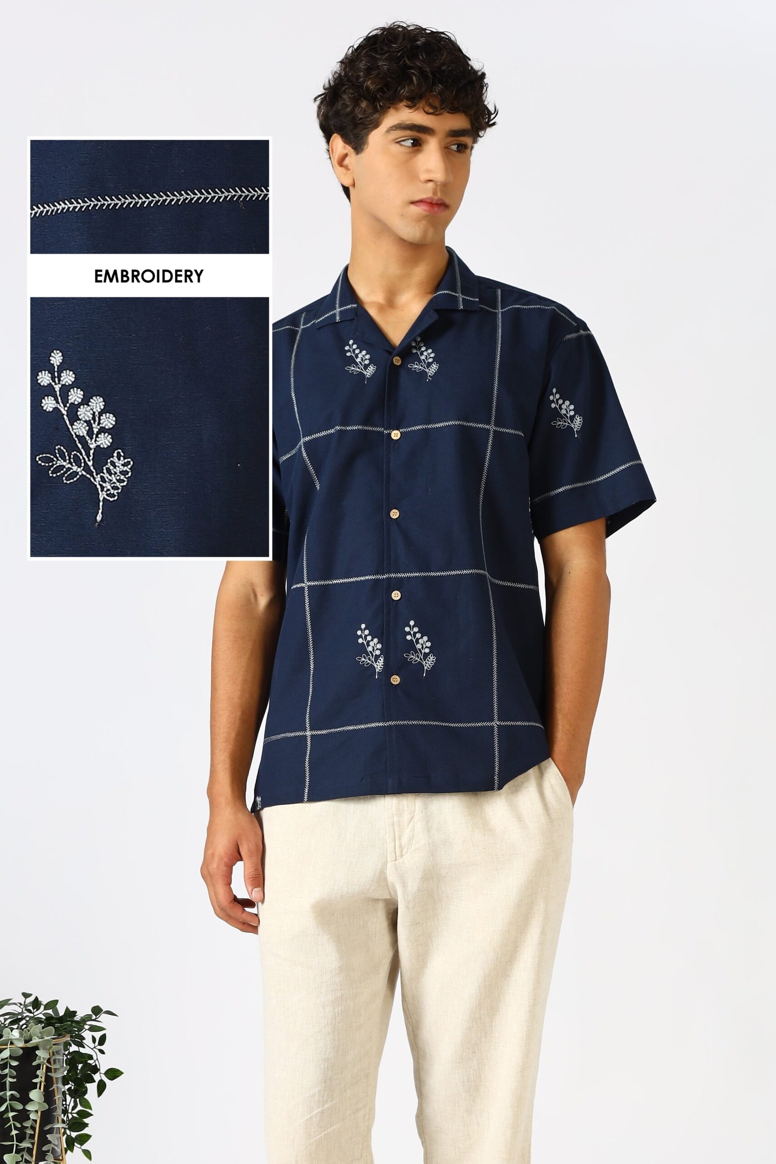 H-CSP0311-0-scaled-1.jpg Coastal Grid Cuban Collar Blue Embroidered Shirt - Image 1