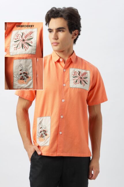 Coral Patchwork Embroidered Men?s Box Fit Shirt