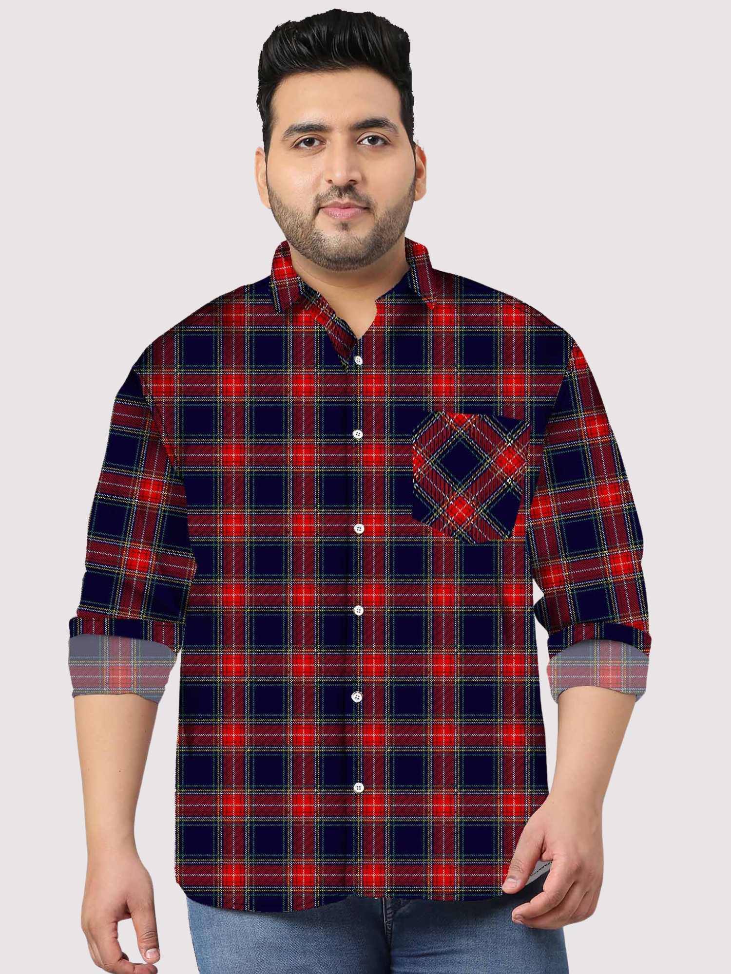 Tartan Plaid Check Pattern Men Plus Size Cotton Shirt - Image 1