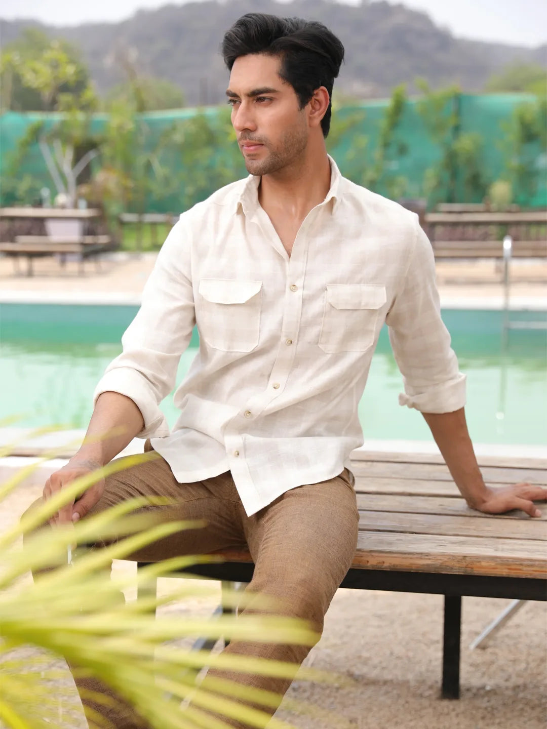 Untitled-1_2.jpg Light Khaki and Cream Checkered Linen Cotton Summer Shirt - Image 1