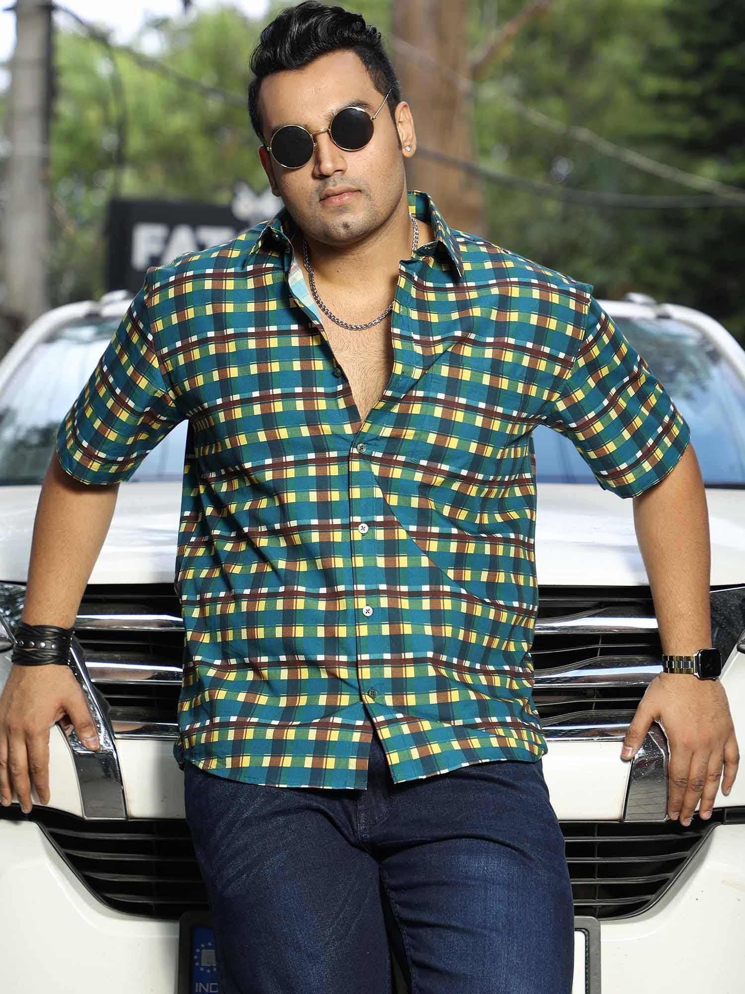 emerald-yellow-check-cotton-half-sleeve-shirt-men-s-plus-size-guniaa-fashions-1.jpg Emerald Yellow Check Cotton Men Plus Size Half Sleeve Shirt - Image 1
