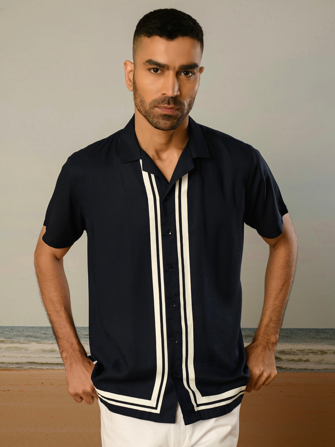shrey264624.jpg Navy Blue Printed Rayon Lightweight Party Casual Shirt - Image 1