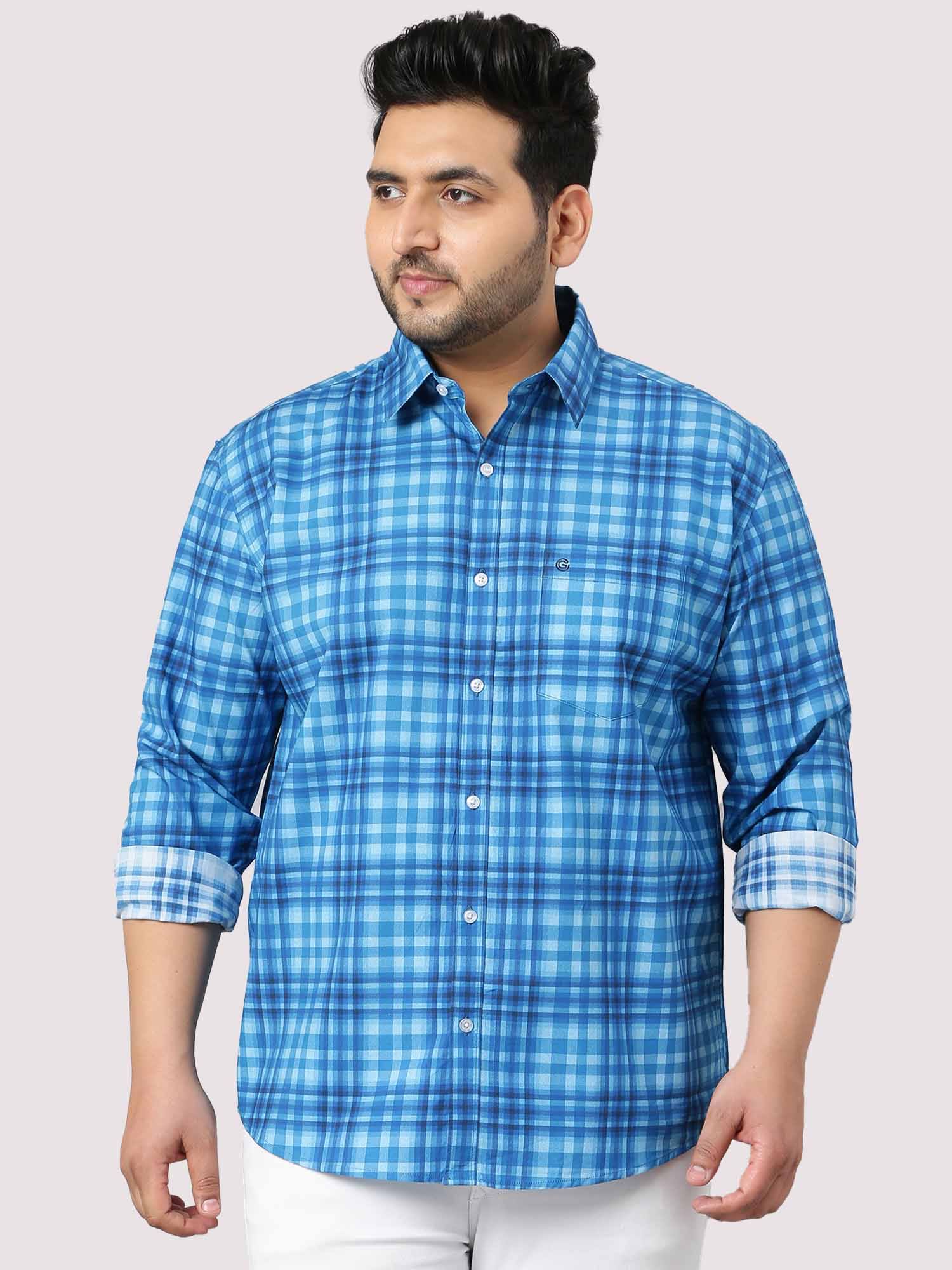 sky-blue-large-check-shirt-men-s-plus-size-guniaa-fashions-1.jpg Sky Blue Large Check Men Plus Size Casual Cotton Shirt - Image 1